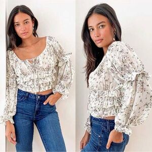 Pinch Floral Ruffle Crop Top - White